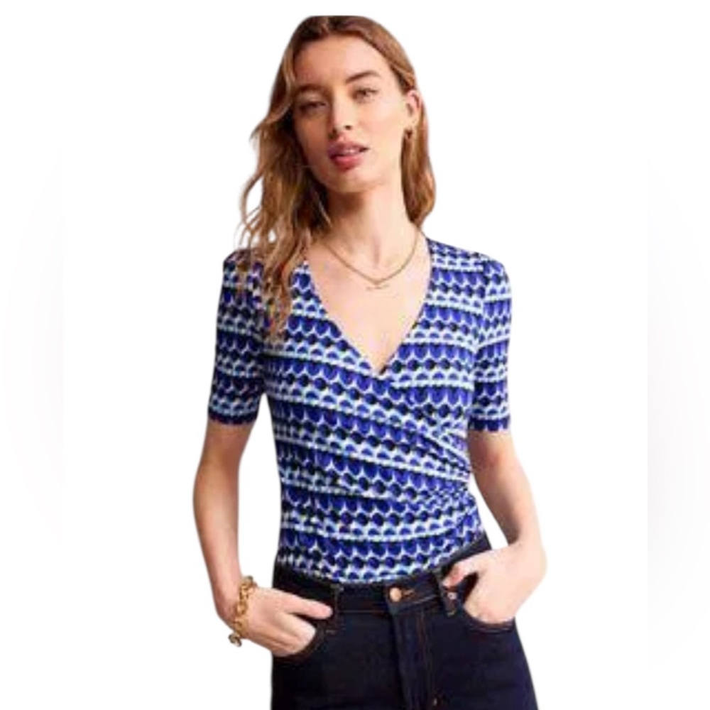 Boden Womens Size 4 Artsy Half Sleeve Faux Wrap Top Blue Bright Geometric Stripe